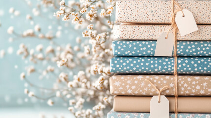 Stacked wrapped gifts with neutral patterned paper and tags