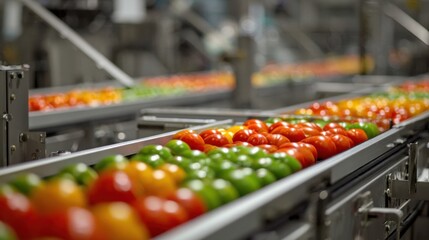 Medium shot showing produce smoothly moving along a conveyor system under automated packaging stations with focused produce and softly obscured background machinery.