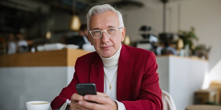 Elderly caucasian male in red blazer using smartphone in cafe