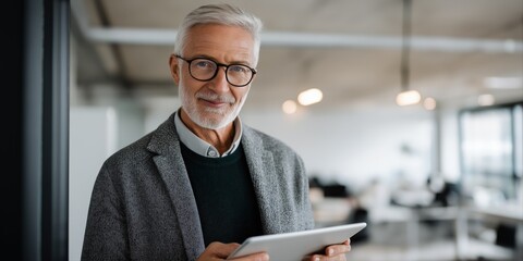 Elderly caucasian male professional using tablet in modern office setting