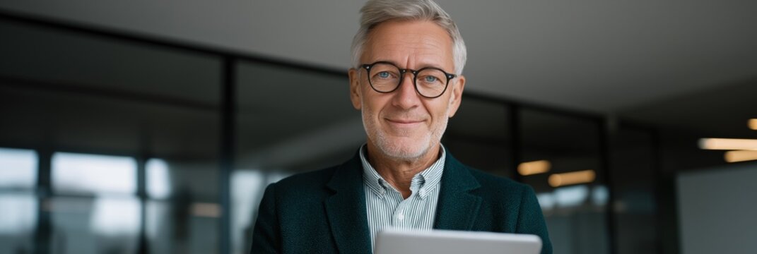 Smiling mature caucasian male professional in modern office holding tablet