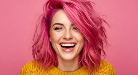 Portrait of a smiling woman with vibrant pink hair a cheerful and stylish image showcasing beauty, confidence, and a pop of color