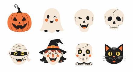 Obraz premium Adorable Halloween Character Illustrations Featuring Pumpkin, Ghost, Mummy, Skull, Witch and Black Cat for Festive Decorations and Party Invitations
