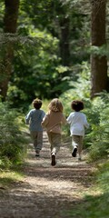 Obraz premium Joyful children running through forest trail on sunny day
