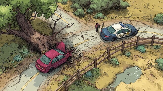 Illustrated rural car accident with tree impact and police on winding road