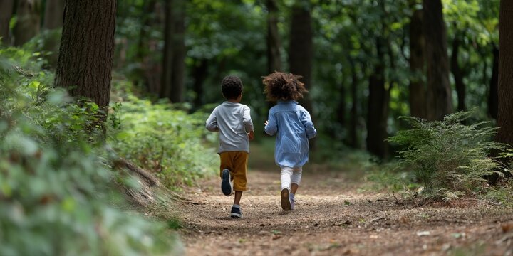 Two diverse children running in forest trail: nature adventure and joyful play