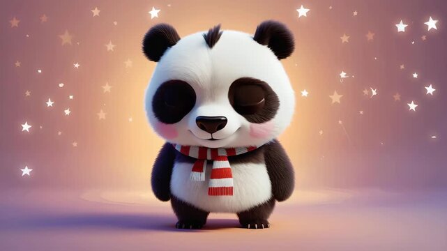Adorable cartoon panda animation with big blue eyes and red striped scarf, smiling and blinking with sparkling stars in the background, festive character video for children, design and holiday project