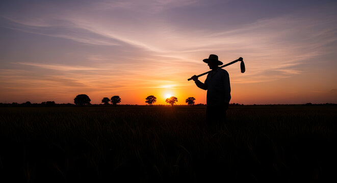 Farmer silhouetted against a vibrant sunset with a hoe over his shoulder