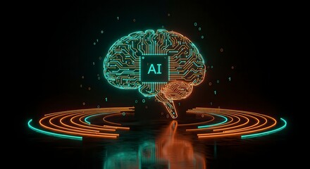 Luminous circuit brain with teal and orange glow and sweeping data arcs, powerful AI concept with copy space for innovation, analytics, and automation platforms.