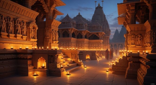 Illuminated Hindu Temple Courtyard at Dusk with Diya Lamps - Powered by Adobe