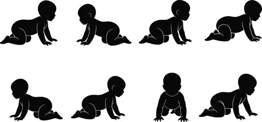 Crawling Baby Silhouettes in Eight Natural Poses Featuring Limb Variation and Movement for Child Development, Education, and Design Content