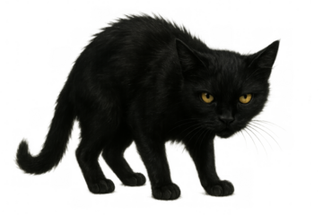 Black cat arching its back on transparent background