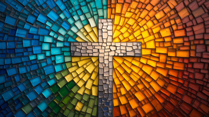 A Radiant Mosaic Cross Uniting Warm and Cool Colors of Faith
