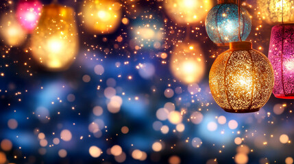 Festive hanging lanterns with a magical sparkling background.
