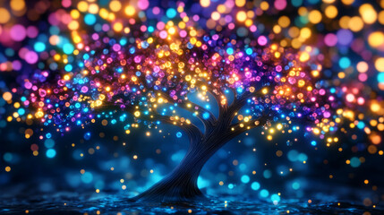 Magical Tree of Life blooming with colorful glowing lights.