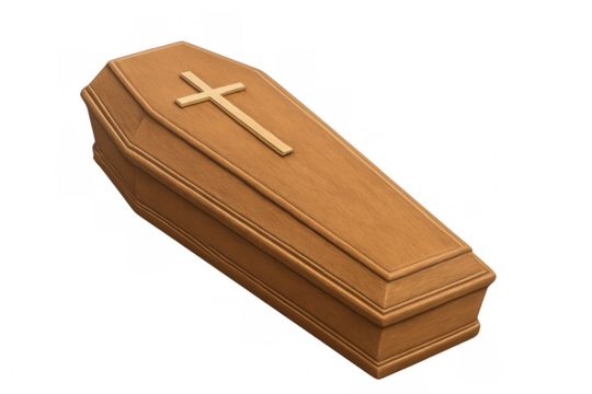 Wooden coffin with golden cross on transparent background