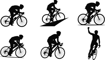 Fototapeta premium Cyclist Silhouettes in Five Racing and Climbing Poses with Stylized Wheels and Victory Gesture for Sports and Design Content