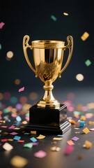 Golden trophy with colorful confetti