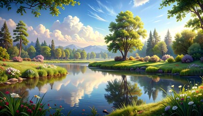 Fototapeta premium A serene landscape of a placid river reflecting a vibrant, sunlit forest and hills