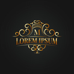 Vintage luxury golden ornament logo or badge. Royal, Monogram, Retro, Hotel and fashion brand identity