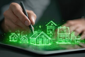 Hands drawing digital house designs on a tablet