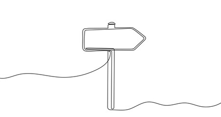 Directional sign in one line art style. Drawing of a road sign with an editable black stroke on a white background. Vector illustration. © chekman