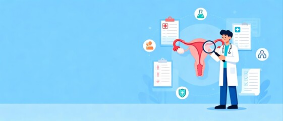 Doctor examining uterus with medical icons