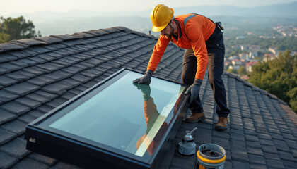 Construction worker installs skylight window on shingle roof during daytime. Man in hard hat, work clothes carefully positions glass panel. Home improvement project in progress with distant town view.
