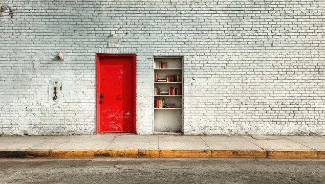 Red door in a white brick wall