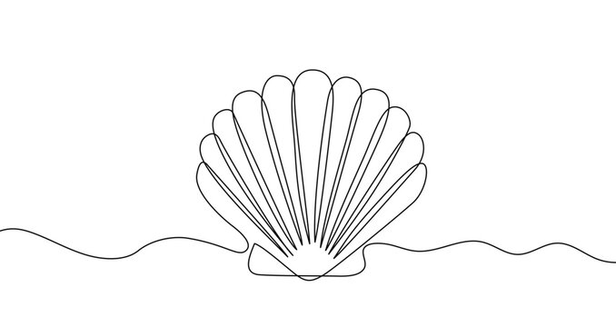 Seashell in one line art style. Drawing of a shell with an editable black stroke on a white background. Vector illustration.