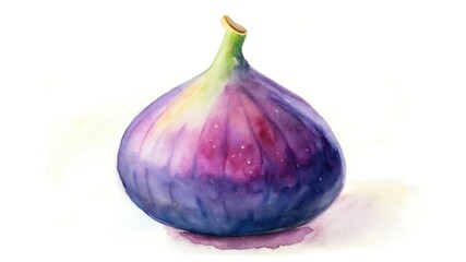 Fototapeta premium Watercolor painting of a fig fruit with a stem isolated on white background