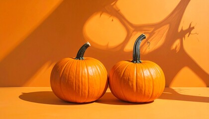 Two pumpkins on an orange surface with dramatic tree shadows cast on a matching orange background, evoking autumn, simplicity, and visual depth.