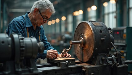 Skilled senior machinist expertly operates metal lathe in factory setting. Elderly worker focused on precision metalworking task, showing dedication, craftsmanship in industrial workshop environment.