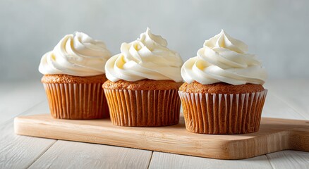 Three cupcakes with white frosting on a wooden board