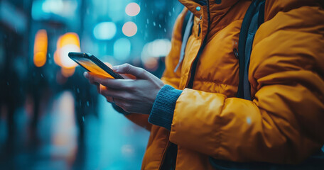 Person using a smartphone in the rain on a city street