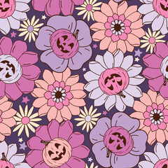 Seamless vector pattern with Halloween pumpkins on floral background. Hand drawn creepy Halloween design. Perfect for wallpaper or fabric print. EPS 10 vector file.