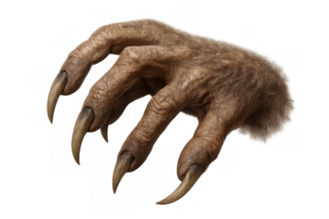 Monster, werewolf or animal hairy hand with sharp claws grabbing on transparent background