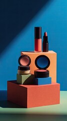 Colorful makeup products on geometric displays