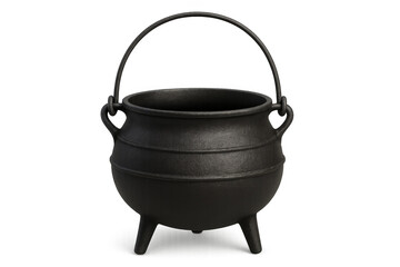 Empty black cauldron with handle on transparent background