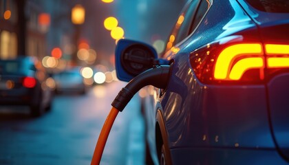 Blue electric vehicle charging on city street at night. Orange cable connects to car, illuminating brake lights. Urban scene shows bokeh lights from traffic, cars, streetlights, modern transport.