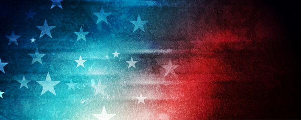 USA colors, stars and glowing stripes abstract grunge blot background. Independence Day creative design. Concept American flag. Vector illustration
