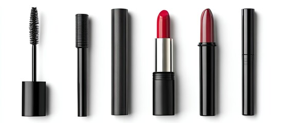 Assorted makeup products on white background