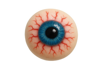 Realistic eyeball with red veins and blue iris on transparent background