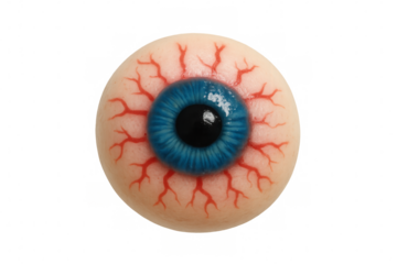 Realistic eyeball with red veins and blue iris on transparent background