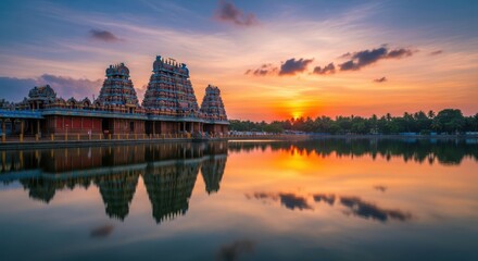 Obraz premium Majestic Temple Reflected in Water at Sunset