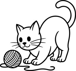 Playful Kitten Engaged in a Delightful Game with a Ball of Yarn in Line Art