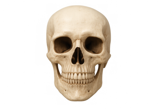 Human skull facing forward on transparent background