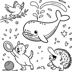 Collection of cute cartoon animal doodle line art with a whale, cat, bird, and echidna
