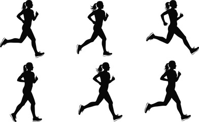 Female Runner Silhouettes in Six Dynamic Sprint Poses with Ponytail on White Background for Fitness, Sports, and Design Content