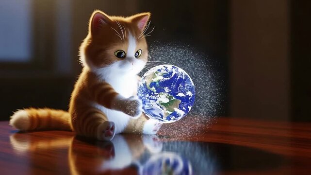 Adorable ginger kitten holding a glowing Earth globe on polished table.